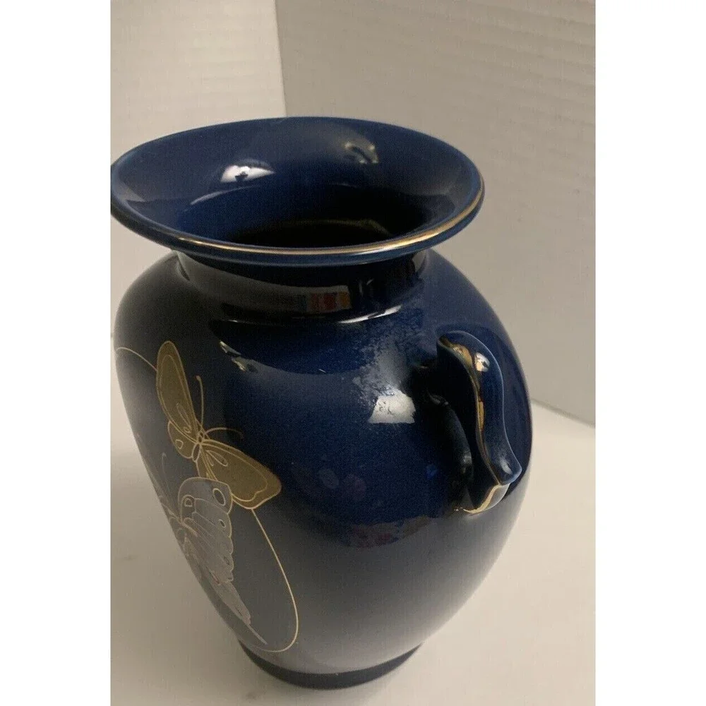 Fine China Of Japan Hazy Blue(Grayish Blue) Butterfly Vase  Gold Rim Accents VTG
